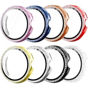 8 Pack Bling Case for Google Pixel Watch 3 45MM Screen Protector, Glitter Diamond Protective Cover Shining Rhinestone PC Bumper with Tempered Glass Film for Women