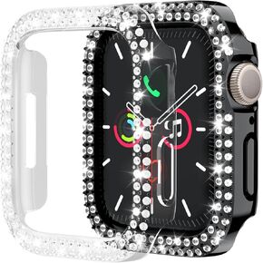 2 Pack [No Screen Protector] Bling Bumper Case for Apple Watch Series 9 Series 7 8 45mm, Women Glitter Diamond Rhineston Bumper Cover Protector for iWatch S9/S8/S7 Accessories 45mm, Black/Clear