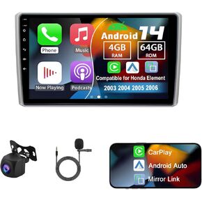 Android 14 Double Din Car Radio Compatible with Honda Element 2003 2004 2005 2006, 4G+64G 10" Touch Screen Car Stereo with Wireless Carplay Android Auto GPS WiFi Mic Backup Camera