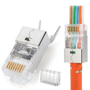 PETECHTOOL Shielded RJ45 Cat7 Cat6a Pass Through Connectors(with Load bar) 50u Gold Plated Modular Plugs for 23Awg Cable-20Packs