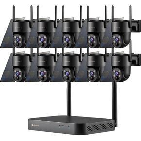 Kittyhok Black Solar Security Cameras Wireless Outdoor System, 5G/2.4G WiFi, 10pcs 2K Ultra Pan/Tilt Home Solar Security Camera with Human Detection, Spotlight, 10CH WiFi-6 NVR, 60 Days Local Storage
