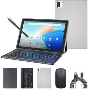 JKNV10 10.1 Inch Android 12 Tablet, Silver Set, 32GB ROM, 2MP Front and 8MP Rear Camera, 6000mAh Battery, 2-in-1 Keyboard with Touchpad and Stylus, HD IPS Touchscreen