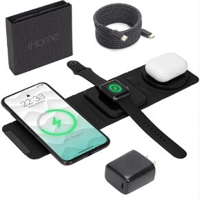 iHome 3-in-1 Foldable Wireless Charging Kit, 15W Wireless Charger for iPhone, Apple Watch & AirPods, 20W PD USB-C Wall Charger & 6FT Nylon Braided USB-C Cable, Travel-Friendly Foldable Design