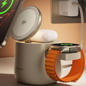 3 in 1 for Qi2 15W Apple Magsafe Wireless Charging Station Dock, Threekey MFI Certified for Apple Watch Magsafe Charger Cube for iPhone 16/15/14/13 12&iWatch& Airpods&iPad,65W Charger Included (Sand)