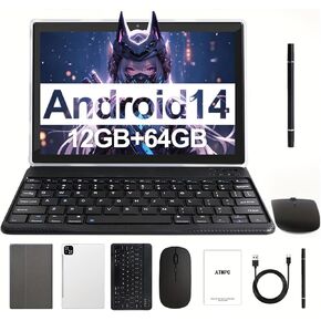 Tablet, 10.1" Android 14 Tablets Octa-Core Processor 12GB RAM 64GB ROM HD IPS Touchscreen, 2 in 1 Tablet with Keyboard, Mouse, Stylus, 8H Battery, WiFi 6, BT 5.4, Dual Camera