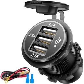 12V USB Outlet Wire USB Charger, 3 Port 12V/24V Charger Socket for Cars, Boats, RVs, Trucks, Golf Carts, and Motorcycles and More (Pack of one)