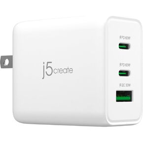 j5create 65W GaN USB-C 3 Port Charger, Compact and Foldable Wall Charger for MacBook Air, iPad Pro, iPhone 15/ Pro/Max, Galaxy S24/ S23, Dell XPS 13, Steam Deck, and More (JUP3365)