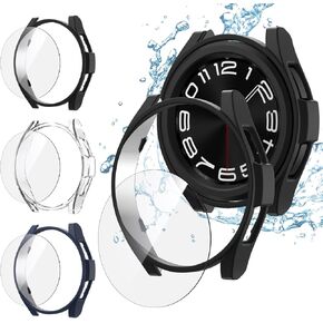 3+3 Pack for Galaxy Watch 6 Classic Screen Protector Case 43mm, Hard PC Protective Bumper Cover with Anti-Fog Tempered Glass Film Set Compatible with Samsung Galaxy Watch 6 Classic 43mm