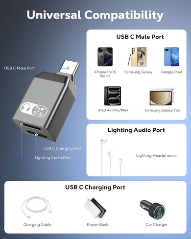 Moko USB C إلى محول صوت الصواعق ، 2-in-1 Lightning إلى محول USB C لسماعات الرأس مع 45W شحن سريع لسلسلة iPhone16/15 ، iPad Mini/Air/Pro ، المزيد من جهاز USB-C ، وليس لنقل البيانات ، أبيض in Kuwait