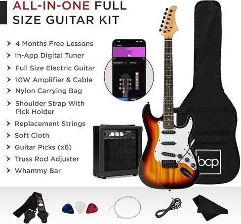 Best Choice Products 39in Full Size Beginner Electric Guitar Starter Kit w/Case, Strap, 10W Amp, Strings, Pick, Tremolo Bar - Natural in Kuwait
