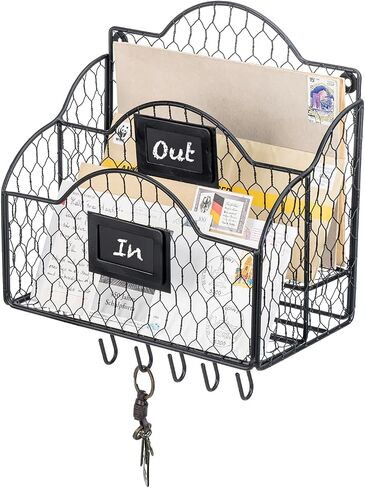 MyGift Metal Wire Basket Desk Organizer, 2 Compartment Inbox/Outbox Black Entryway Wall Mail Sorter, Office Desktop Stationery File Organizer Holder with Chalkboard Labels in Kuwait