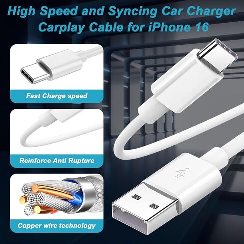 كابل Carplay للسيارة iPhone 15/16/16 Pro Max/Plus كابل شاحن السيارة، كابل USB A إلى USB C بطول 6 أقدام لسلك Carplay USB C، كابل iPad USB C iPad Pro iPad Air 5th، iPhone 15 16 سلك كابل شاحن السيارة in Saudi Arabia