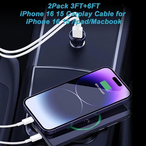 كابل Carplay للسيارة iPhone 15/16/16 Pro Max/Plus كابل شاحن السيارة، كابل USB A إلى USB C بطول 6 أقدام لسلك Carplay USB C، كابل iPad USB C iPad Pro iPad Air 5th، iPhone 15 16 سلك كابل شاحن السيارة in Saudi Arabia