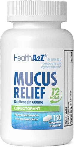 تخفيف المخاط من HealthA2Z® | جوايفينيسين 600 مجم | 75 حبة | 12 ساعة | لا بنزين | مقشع | يخفف احتقان الصدر | يخفف ويخفف المخاط | الإصدار الموسع in Kuwait