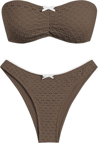 ZAFUL المرأة بيكيني بدون حمالات مخرم محكم القوس Ruched الدانتيل يصل عالية قطع العصابة ملابس السباحة مايوهات in Saudi Arabia