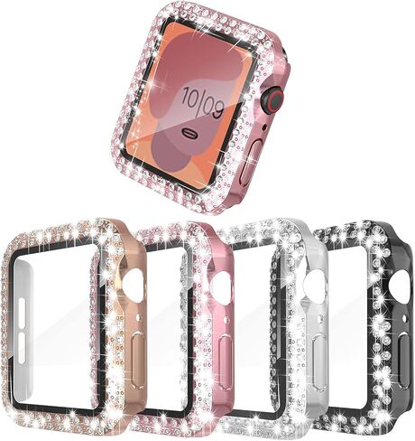 4 علبة حزمة بلينغ هاك كوكب كمبيوتر مع واقي شاشة زجاجي مقسى متوافق مع Apple Watch 45mm Series 9 و 8 و 7 و Ultra-Shin Crystal Pumper Present in Kuwait