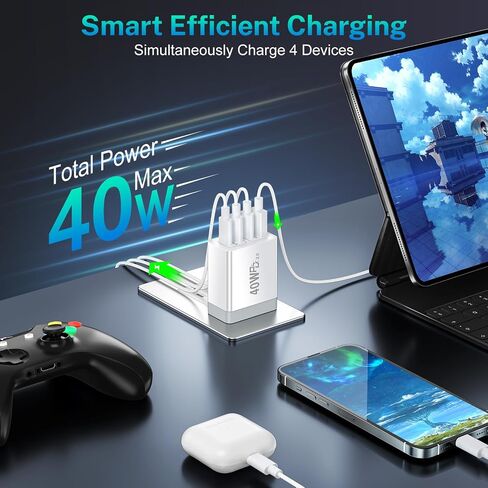 USB C Charger Block 40W Type C Fast Charging Blocks Multiport USB Wall Charger Plug Power Adapter Outlet Phone Accessories 4Port for iPhone 15 Pro Max XS, iPad, Samsung Tablet (White) in Saudi Arabia