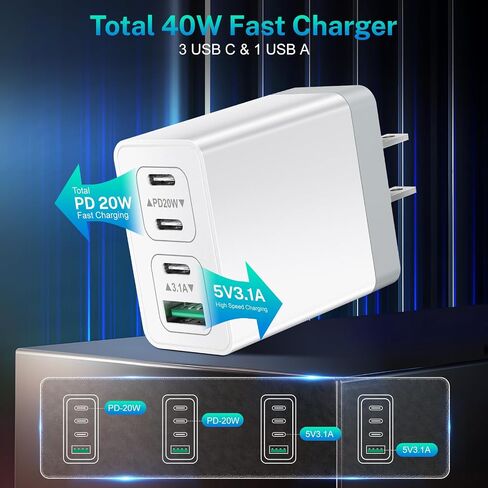 USB C Charger Block 40W Type C Fast Charging Blocks Multiport USB Wall Charger Plug Power Adapter Outlet Phone Accessories 4Port for iPhone 15 Pro Max XS, iPad, Samsung Tablet (White) in Saudi Arabia