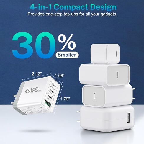 USB C Charger Block 40W Type C Fast Charging Blocks Multiport USB Wall Charger Plug Power Adapter Outlet Phone Accessories 4Port for iPhone 15 Pro Max XS, iPad, Samsung Tablet (White) in Saudi Arabia