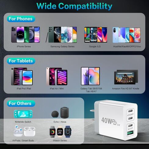 USB C Charger Block 40W Type C Fast Charging Blocks Multiport USB Wall Charger Plug Power Adapter Outlet Phone Accessories 4Port for iPhone 15 Pro Max XS, iPad, Samsung Tablet (White) in Saudi Arabia