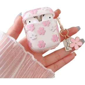 MINSCOSE Compatible with AirPods 1/2 Clear Case,Cute Cartoon Flower Pattern Design with Floral Keychain, Soft TPU Protective Shockproof Case for AirPod 1&2 for Girls Women-Pink