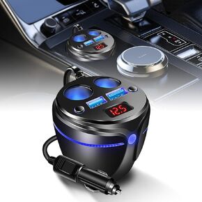 Dual Car Cigarette Lighter Splitter 12V 4 in 1 Function Cup Holder Charger Adapter with LED Voltmeter Independent Switches Dual USB 120W QC3.0 for All Car Devices
