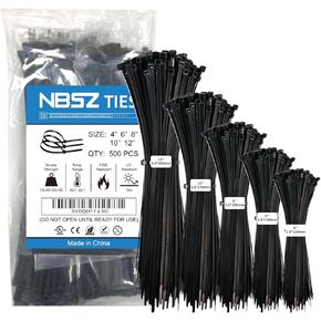 NBSZ CABLE TIES 4+6+8+10+12Inch Zip Ties(500pack) strong tensile strength black UV resistant nylon self-locking cable ties wraps for indoor and outdoor.