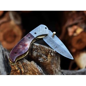 SHINY CRAFTS -Damascus Pocket Knife Knives For Men OTF Knife Survival Knife- Folding Knives - Everyday Carry - PlainEdge - Leather Sheath (FK 30)