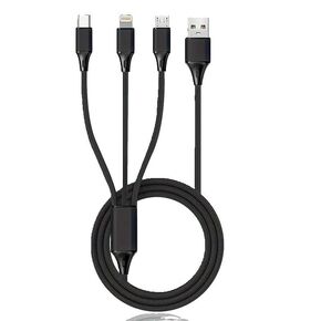 3-in-1 USB Charging Cable, Lightning/Type-C/Micro USB, Nylon Braided, Black