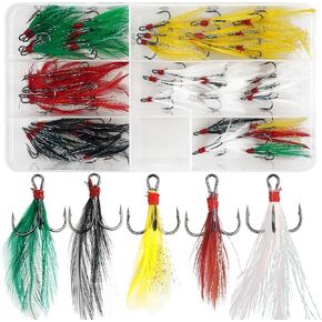 Treble Fishing Hooks Feather Hooks Kit,50pcs Round Bend Dressed Treble Fishing Hooks Sharp Strong Feather Dressed Teaser Triple Hooks for Catfish Lures Baits