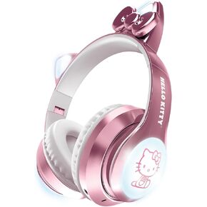 Hello Kitty Wireless Bluetooth Light-Up Headphones with Built-in Microphone, Foldable Design, Adjustable Headband, 8 Hours Playtime, LED Kitty Earcups, for Kids & Adults (Pink)