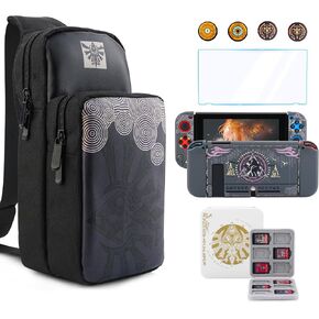 Rhotall Portable Travel Carning Case متوافقة مع Nintendo Switch/OLED/Lite ، حالة غلاف القشرة الصلبة ، حقيبة كتف سوداء كبيرة مع 12 فتحات ، قبعات قبضة الإبهام للدموع من المملكة