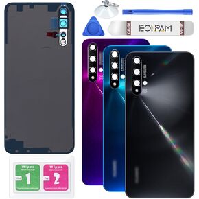 Back Glass Replacement for Huawei Nova 5T Back Cover Rear Housing with Camera Lens + Repair Tool Kit Genuine Rear Glass (Black)