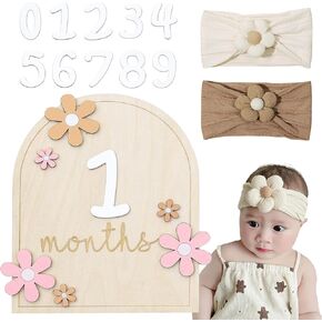 3D Baby Monthly Milestone Signs Photoshoot Props, Boho Wooden Interchangeable Number 1-18 Months Signs Milestone Cards, Newborn Announcement Board for Baby Growth Recording