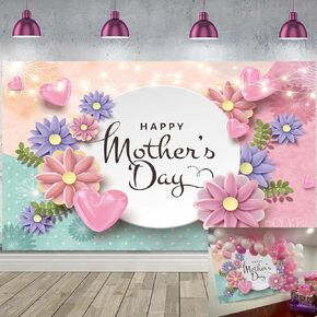 Happy Mother's Day Backdrop I Love Mom Pink Sweet Love Heart Paper Flower Photography Background for Women Grandma Lady New Mom Holiday Celebration Party Decoration Banner Props (7x5FT)