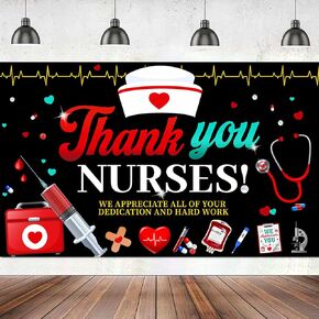 Nurses Week Banner Decorations, Thank You Nurses Backdrop for Happy Nurse Week, Nurse Appreciation Week Banner Party Decor 71 x 41 inch (Black)