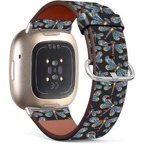 Compatible with Fitbit Fitbit Sense/Versa 3 Patterned Leather Replacement Band (Folk Art Dragonfly Pattern)