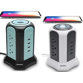 Power Strip Tower Wireless Charger, SUPERDANNY Surge Protector Tower, 10A 1080J Charger Station with 9 Outlets & 4 USB Ports, Extension Cord 10ft for Laptop Phone Black and Blue,White and Gray