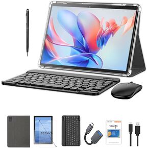 10.1 بوصة Android 13 Tablet مع SIM Card Slot 4G LTE Calling ، 12GB+512GB ، بطارية 8000 مللي أمبير في الساعة ، الكاميرا المزدوجة ، Bluetooth/WiFi ، حزمة مع CASE ، لوحة المفاتيح ، الماوس والقلم (الأسود)