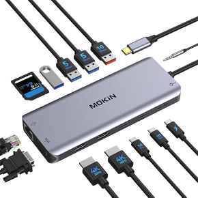 USB C Docking Station, 14 in 1 USB C Hub Multiport Adapter with 2 HDMI 4K, VGA, RJ45 Ethernet, 100W PD, SD/TF, 3.5MM Audio&Mic for Dell HP Lenovo Surface