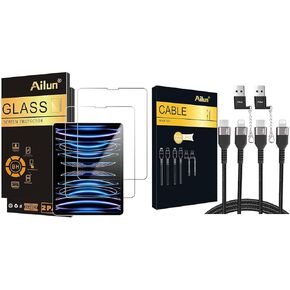 Ailun for iPad Pro 12.9 Inch Display [2022&2021&2020&2018 Release] 2 Pack Screen Protector and USB C to Lightning Cable 2Pack [6ft] and USB C Female to USB A Male Adapter with Keychain 2Pack