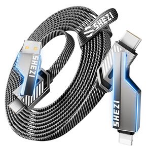 4-in-1 Long USB C Cable 27W 15FT Fast Charging Flat Nylon Braided for iPhone iPad Charger Cord [480Mbps Data Sync] Multi Charge Wire with L/Type C/USB A Port