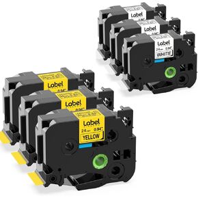 3 Pack Yellow + 3 Pack White 24mm Label Tape Replacement for Brother P-Touch TZe-251 TZe-651 Tape, 1 inch 0.94" Standard Laminated for PTD600 PTP710BT PTP750W, 6-Pack
