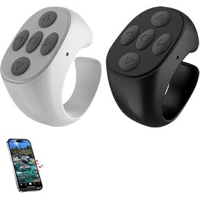 Scrolling Ring Remote for TikTok, Kindle, YouTube & Instagram – Bluetooth Finger Scroller for iPhone, Android – Page Turner Clicker & Fingertip Wireless Phone Control (B+W)