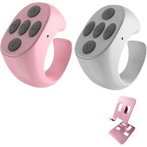 Scrolling Ring Remote for TikTok, Kindle, YouTube & Instagram – Bluetooth Finger Scroller for iPhone, Android – Page Turner Clicker & Fingertip Wireless Phone Control (W+P-Pink Bracket)