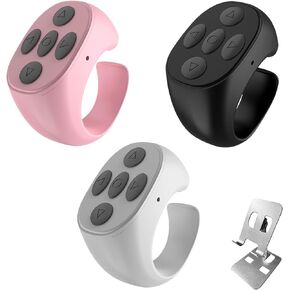 Scrolling Ring Remote for TikTok, Kindle, YouTube & Instagram – Bluetooth Finger Scroller for iPhone, Android – Page Turner Clicker & Fingertip Wireless Phone Control (B+W+P-Gray Bracket)