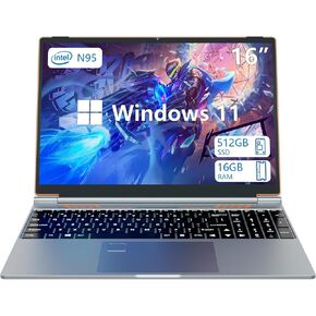 16 بوصة ألعاب الكمبيوتر المحمول Windows 11 بصمات الأصابع غير مقفلة خلفية مفتاح الذرات 16GB RAM 512GB SSD N95 معالج WiFi BT ، USB3.0 ، 6000 مللي أمبير في الساعة عمر البطارية