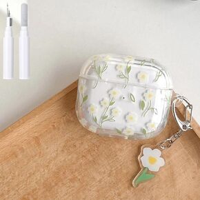 Compatible with AirPods Pro Case Soft TPU Flowers with Cleaner Kit Cute Keychain Cover Floral for Girls Women Airpods Pro 2nd/1st Generation Floral-Green Leaves