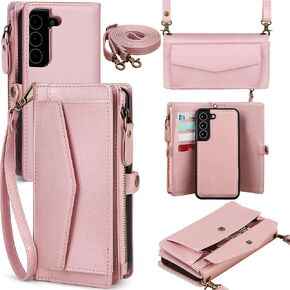 بالنسبة إلى Samsung Galaxy S25 Wallet للنساء ، يتم شحن اللاسلكي مع حامل بطاقة حظر RFID ، حزام PU Crossbody Slow Reshable Magnetic Shell 5G 6.2 "، وردي