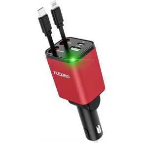 Flexino Retractable Car Charger 4 in 1, Car Charger for iPhone 16, USB C Car Charger, 69W Fast Charging Car Charger, Compact Car Phone Charger, Fit for iPhone 16/15/14/13/12, Samsung, Red